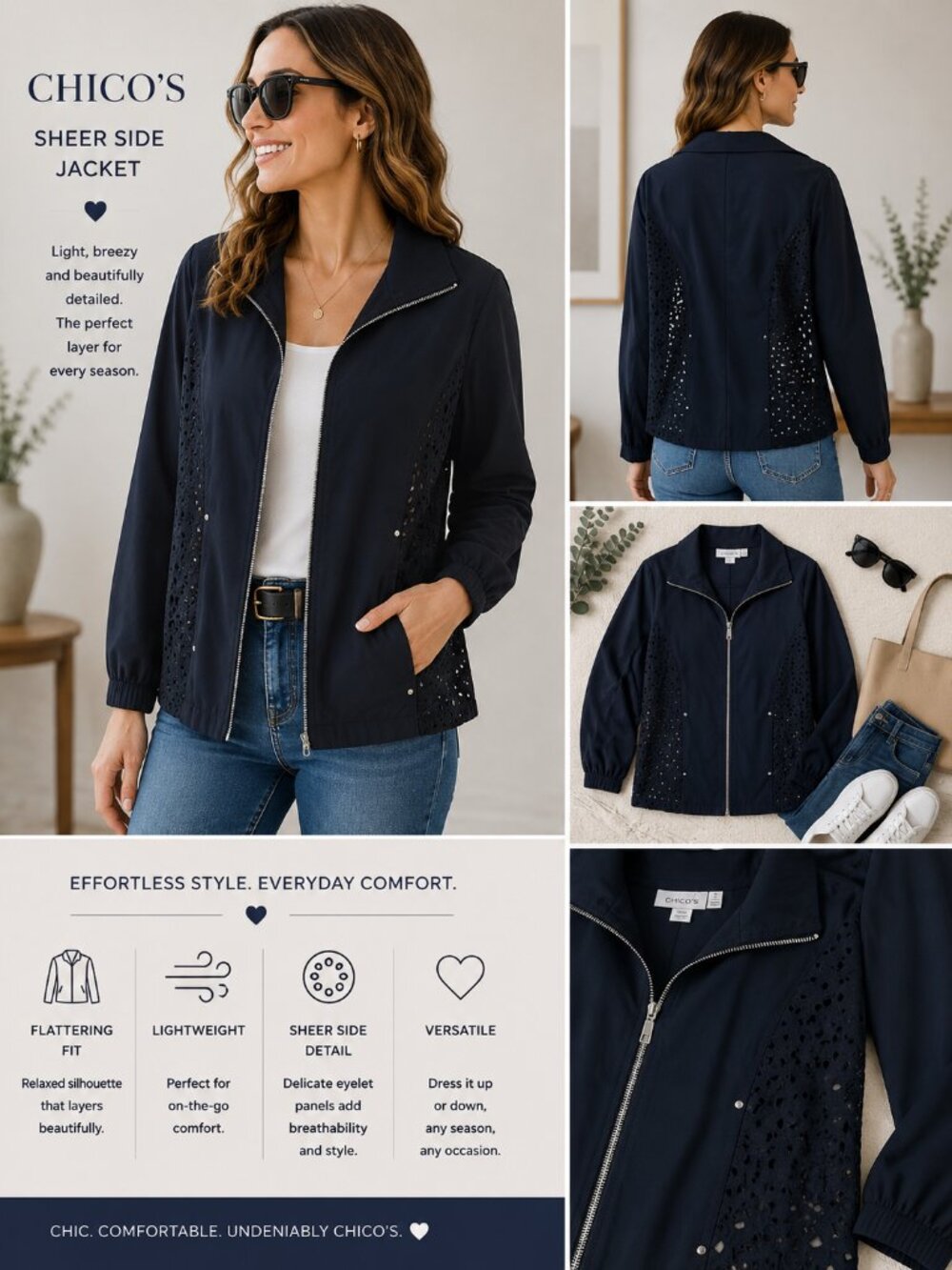 Chico's Navy Jacket with Floral Sheer Sides size 2